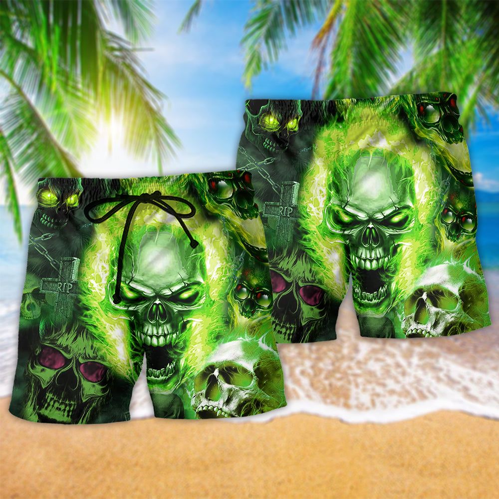 Skull Green Fear No Man Green Trendy Aloha Hawaiian Beach Shorts