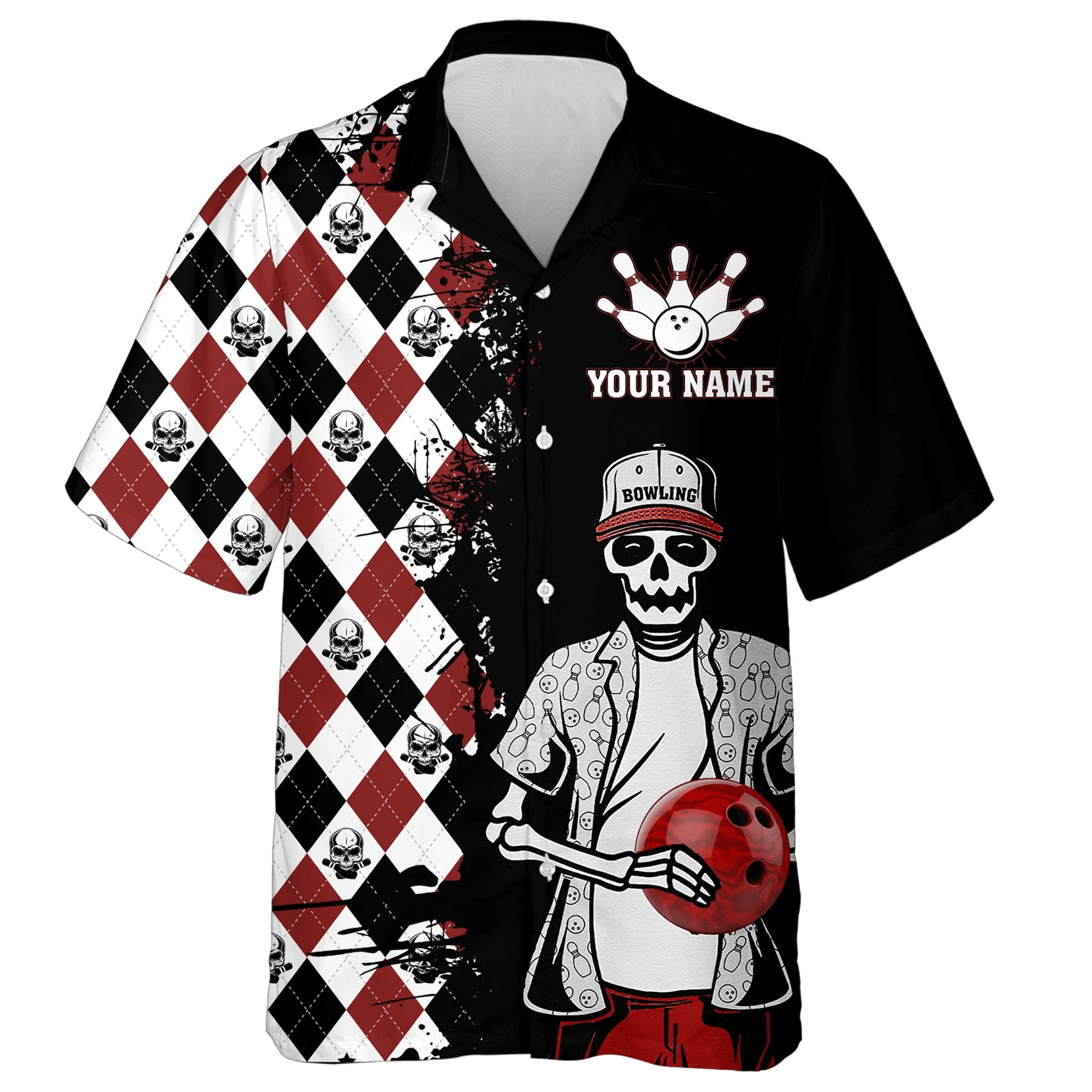 Skull Hawaiian Bowling Shirt Men Women, Personalized Name Argyle Bowling Pattern Bowler Team Jersey