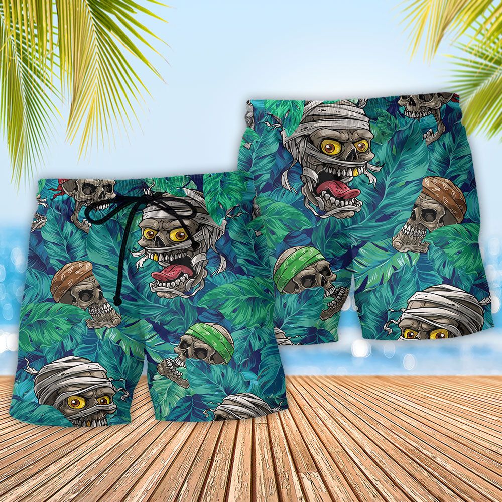 Skull Hide And Seek Tropical Leaf Trendy Aloha Hawaiian Beach Shorts