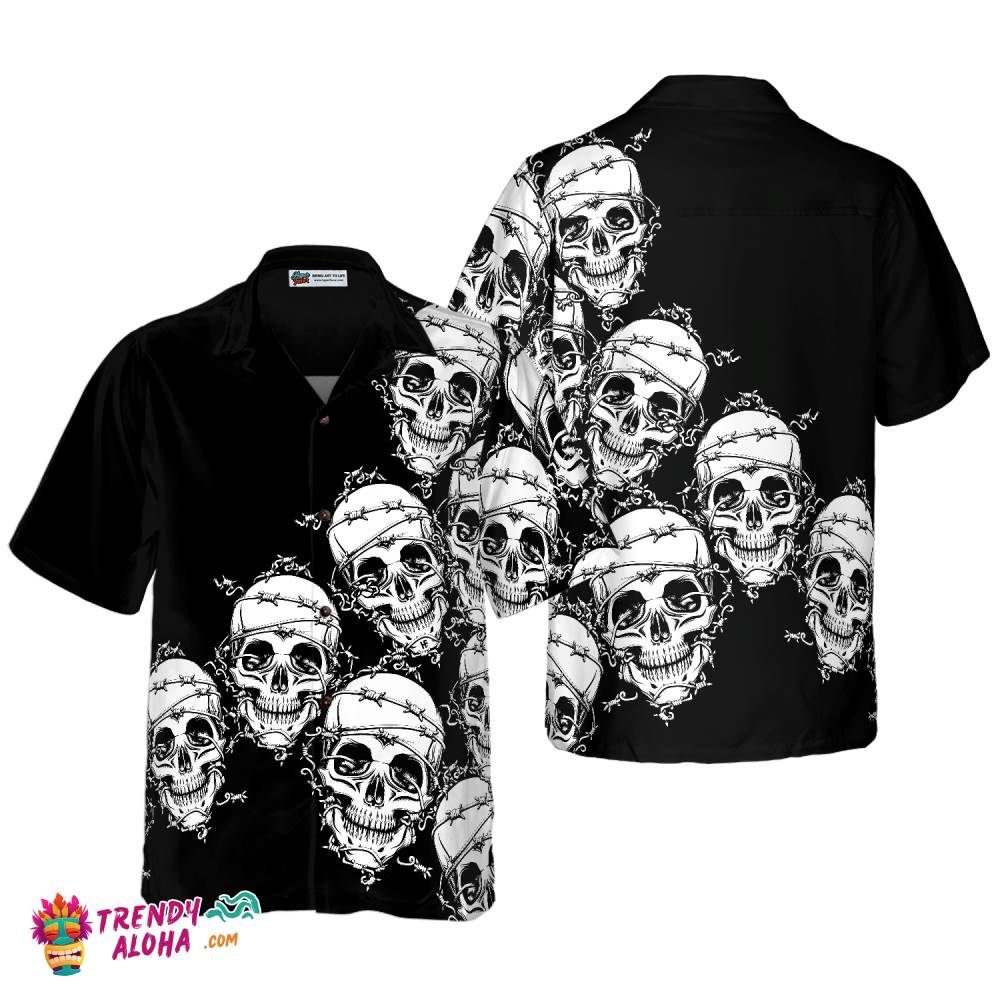 Skull In Barbed Wire Gothic Hawaiian Shirt, Black Skull Goth Hawaiian Shirt