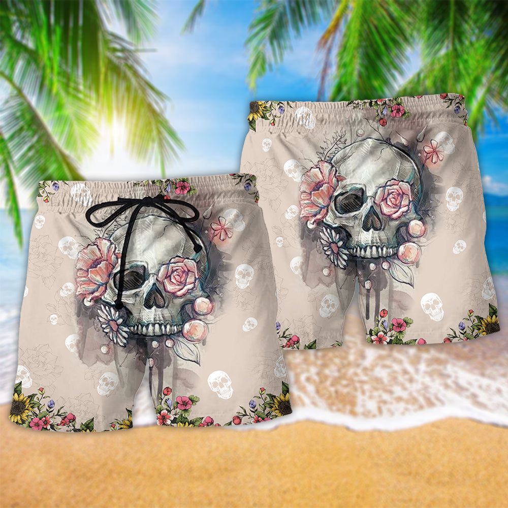 Skull Life Style Floral Trendy Aloha Hawaiian Beach Shorts