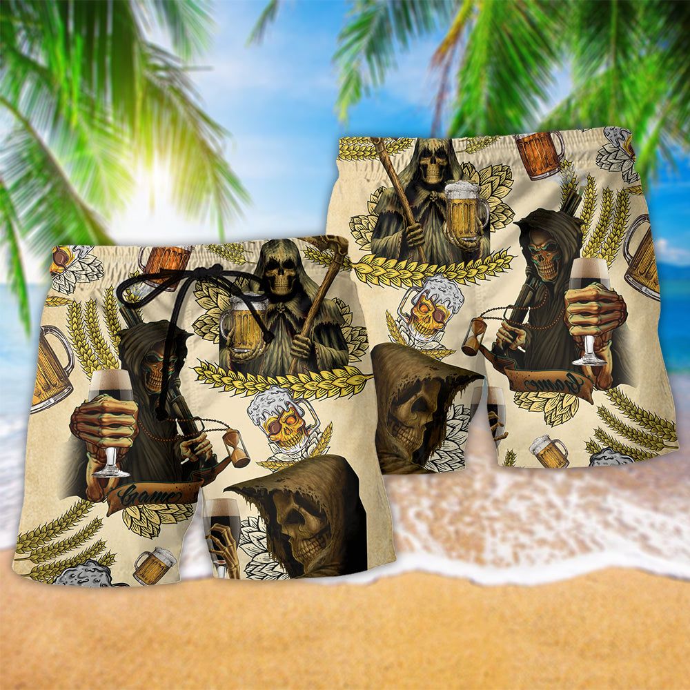 Skull Love Beer Happy Day Vintage Trendy Aloha Hawaiian Beach Shorts