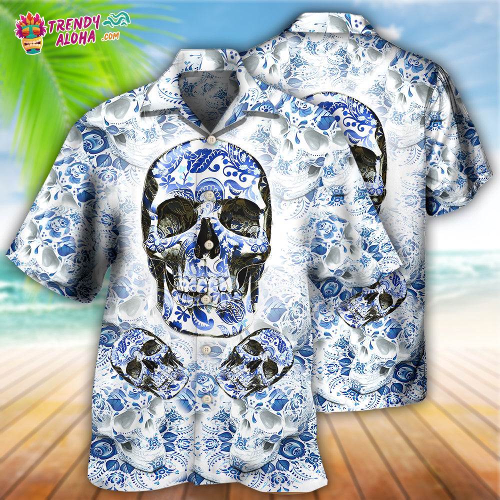 Skull Love Life Blue White Hawaiian Shirt – Trendy Aloha
