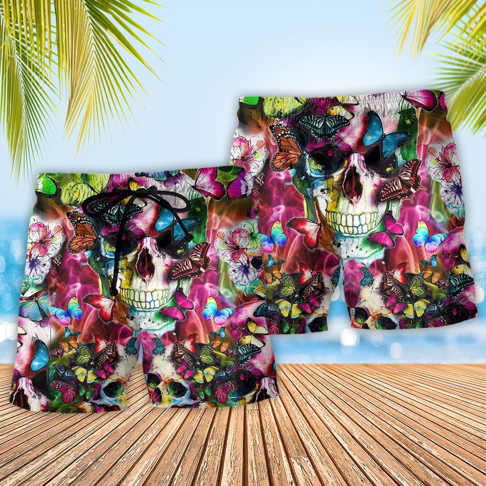 Skull Love Life Floral Trendy Aloha Hawaiian Beach Shorts