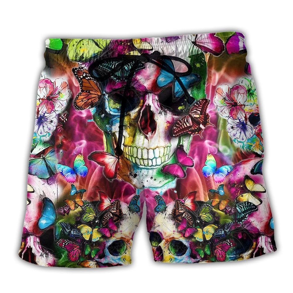 Skull Love Life Floral Trendy Aloha Hawaiian Beach Shorts
