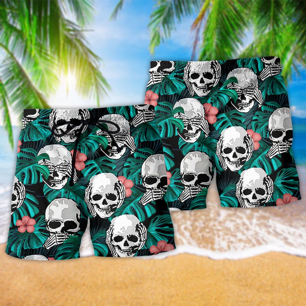 Skull Love Life Tropical Floral Trendy Aloha Hawaiian Beach Shorts