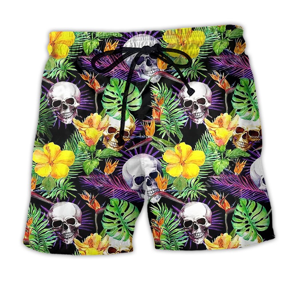 Skull Love Life Yellow Flower Trendy Aloha Hawaiian Beach Shorts Skull Love Life Yellow Flower Trendy Aloha Hawaiian Beach Shorts
