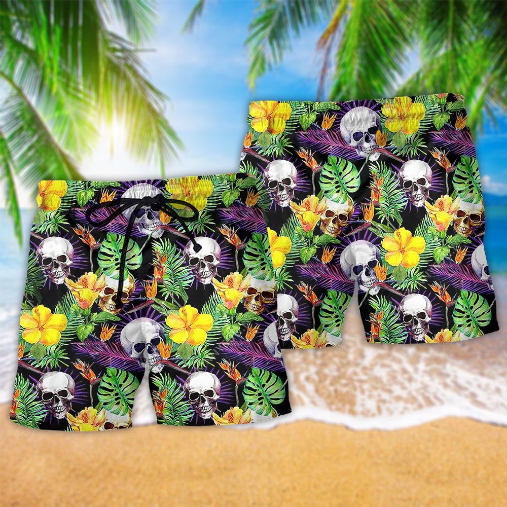 Skull Love Life Yellow Flower Trendy Aloha Hawaiian Beach Shorts