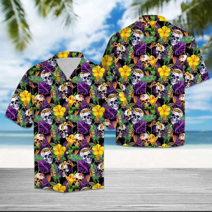 Skull Mix Frangipani Flower Vintage Trendy Hawaiian Shirt, Skull Aloha Shirt, Skull Hawaii Shirt