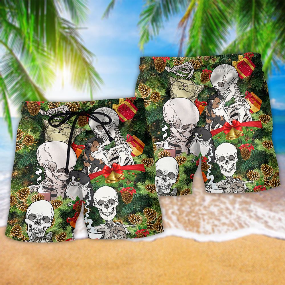 Skull My Cat And I Talk Sht About You Christmas Trendy Aloha Hawaiian Beach Shorts