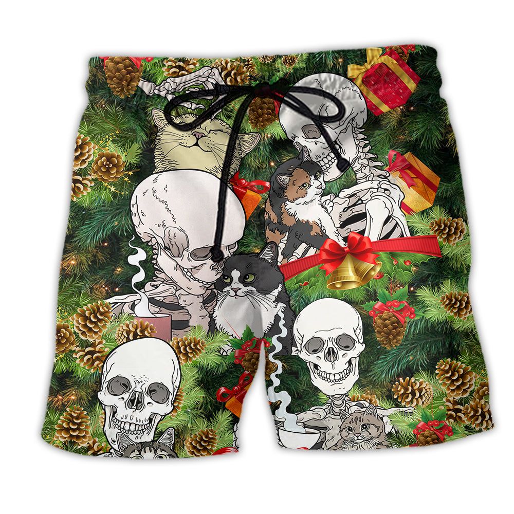 Skull My Cat And I Talk Sht About You Christmas Trendy Aloha Hawaiian Beach Shorts