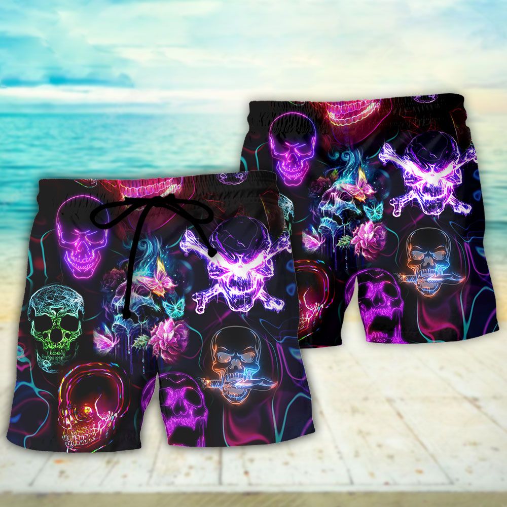 Skull Neon Art Happy Holiday Trendy Aloha Hawaiian Beach Shorts
