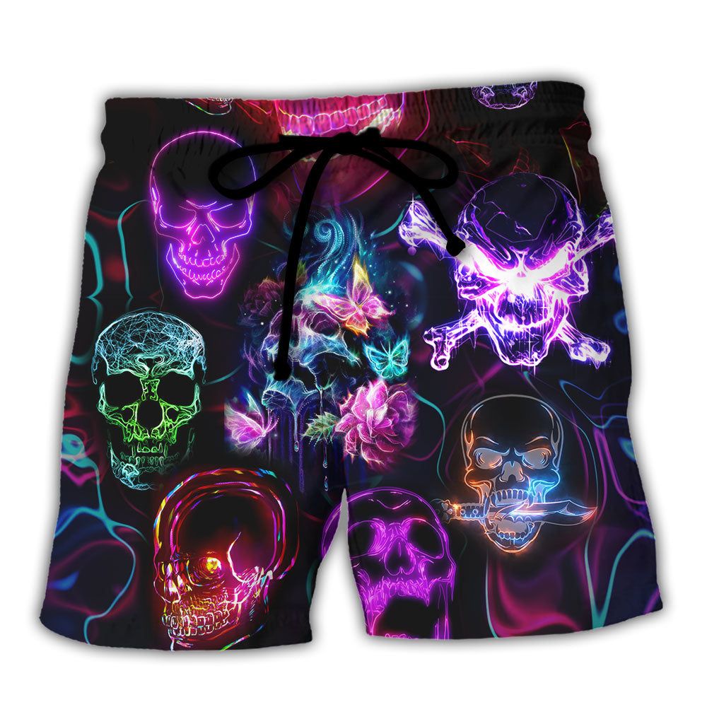 Skull Neon Art Happy Holiday Trendy Aloha Hawaiian Beach Shorts Skull Neon Art Happy Holiday Trendy Aloha Hawaiian Beach Shorts