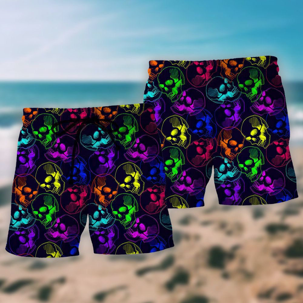Skull Neon So Cool Trendy Aloha Hawaiian Beach Shorts