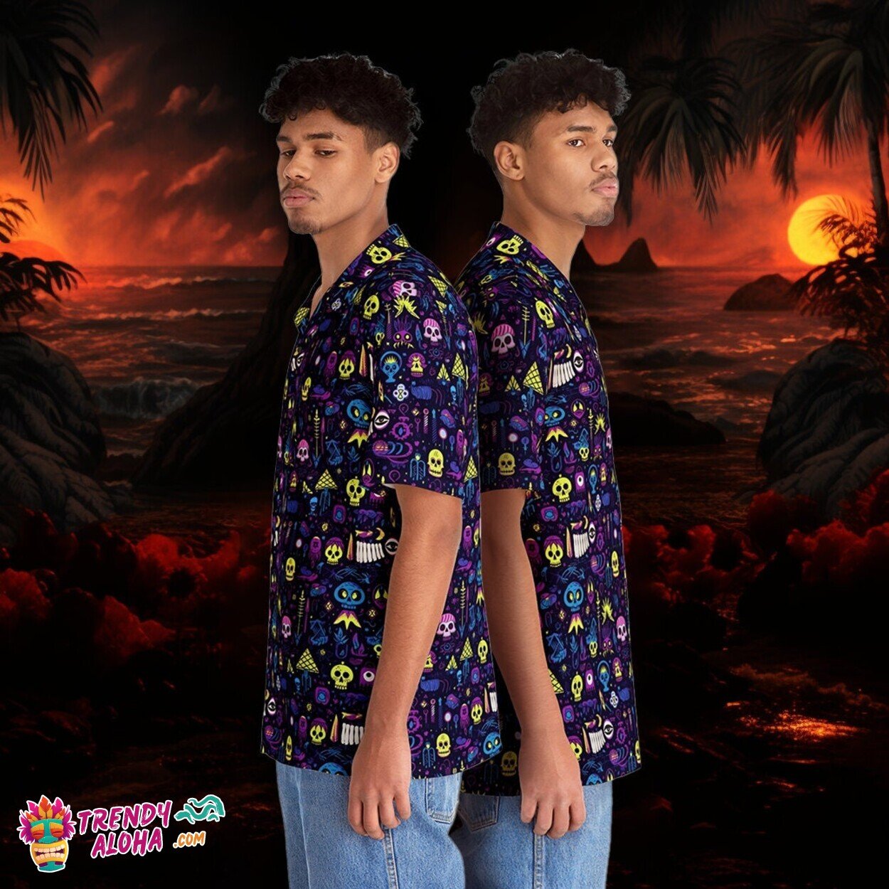 Skull-o-ween Fiesta Men’s Spooky Halloween Skull Hawaiian Shirt