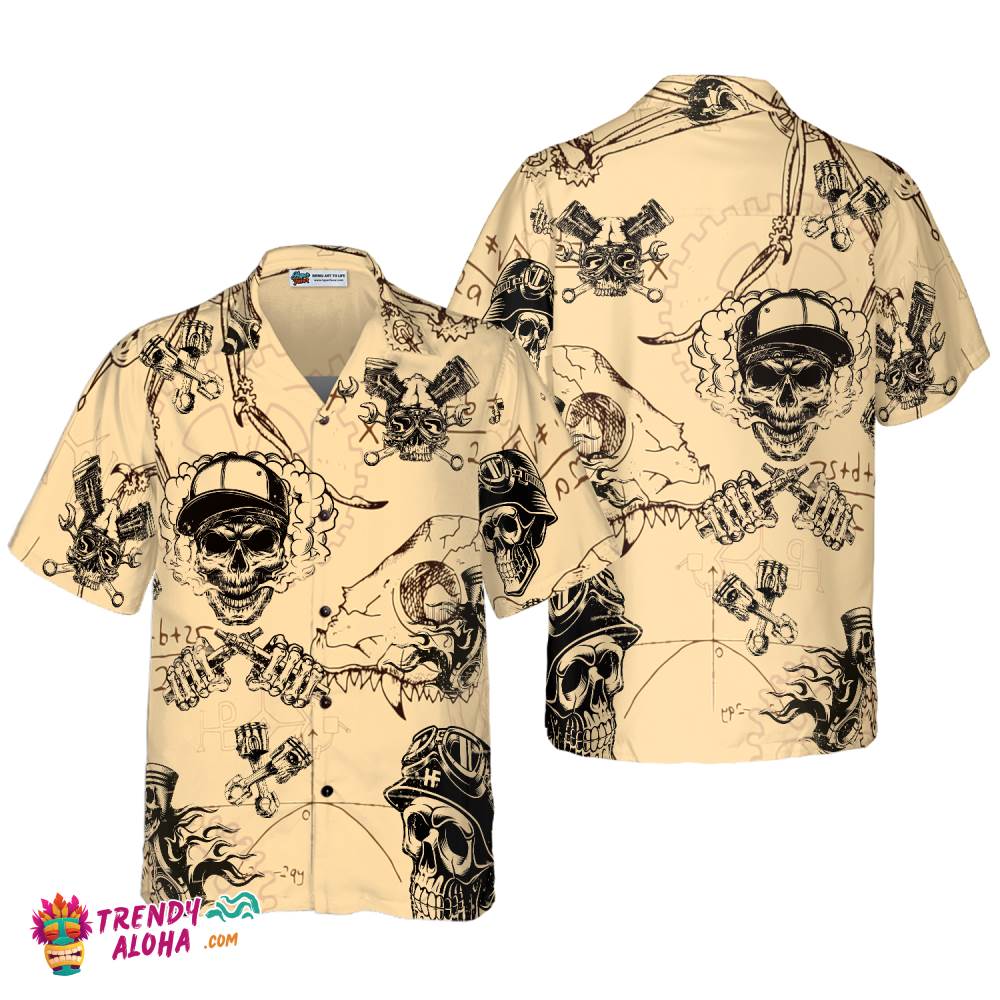 Skull On Retro Mechanism Background Hawaiian Shirt Skull On Retro Mechanism Background Hawaiian Shirt