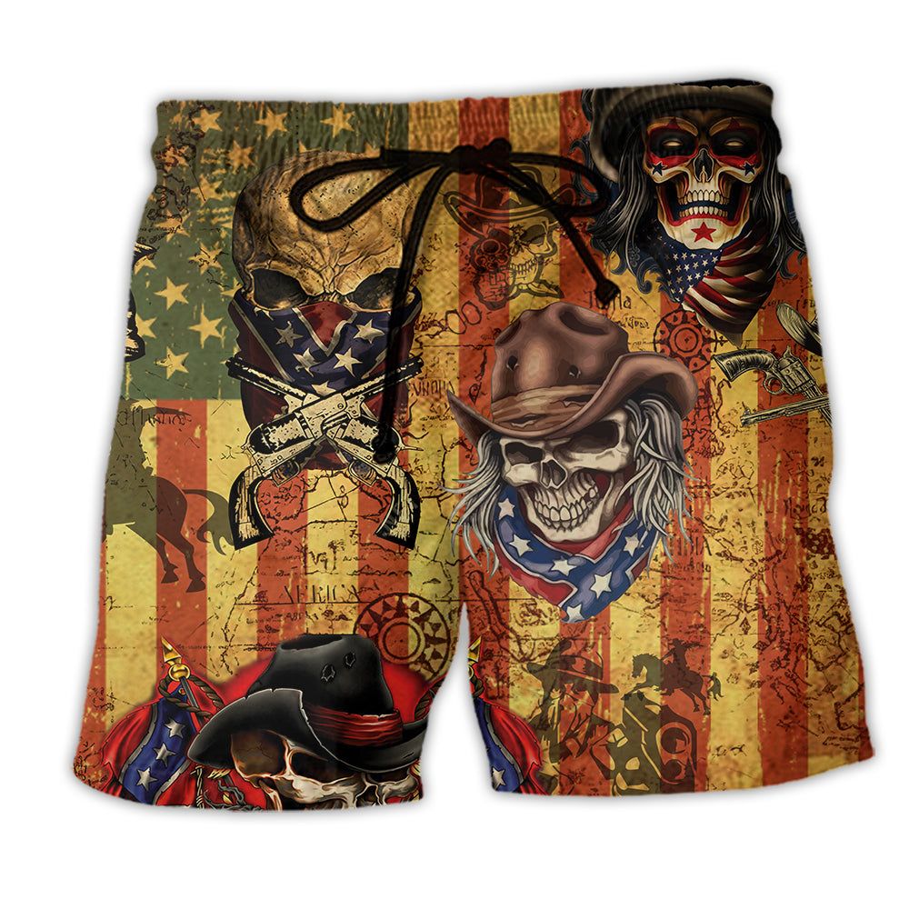 Skull Patriotic America Cowboy Trendy Aloha Hawaiian Beach Shorts