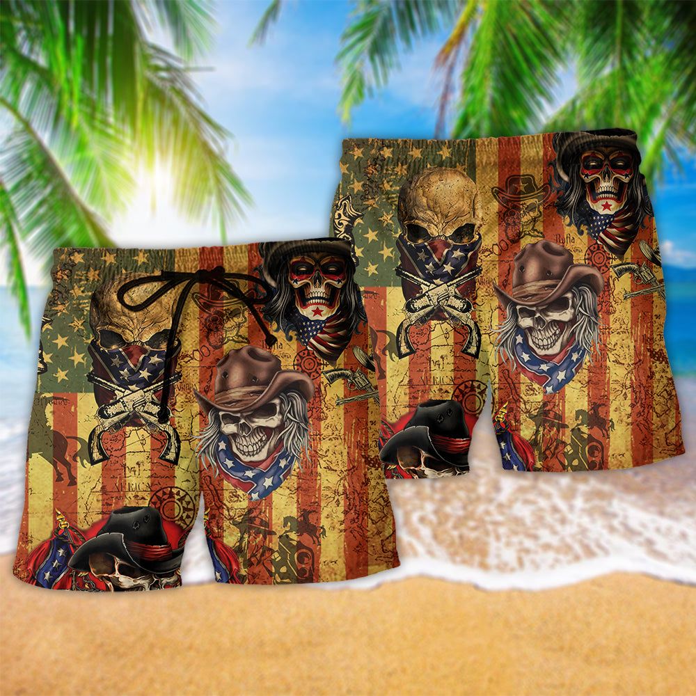 Skull Patriotic America Cowboy Trendy Aloha Hawaiian Beach Shorts