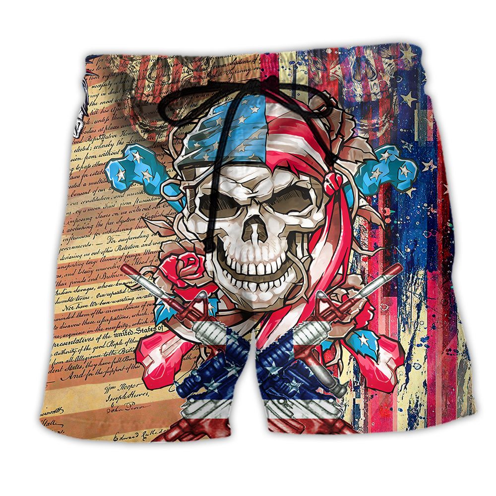 Skull Patriotic Flower America Trendy Aloha Hawaiian Beach Shorts