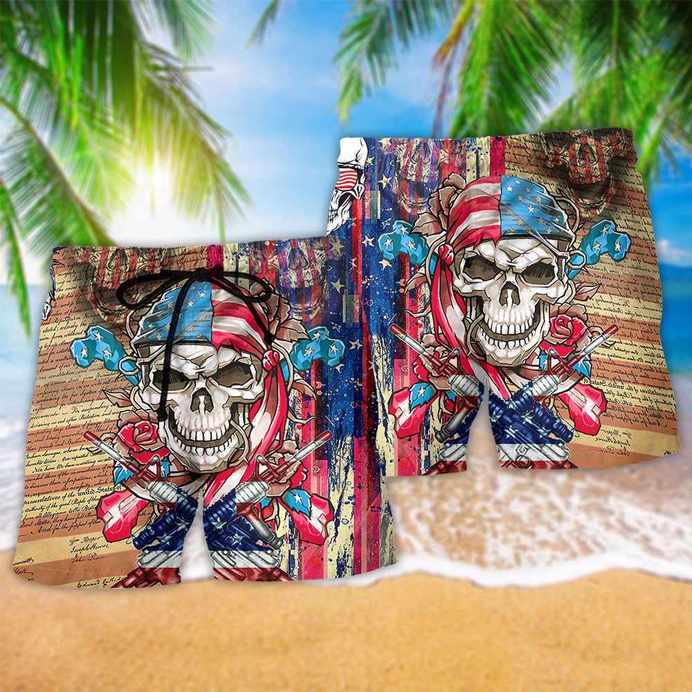 Skull Patriotic Flower America Trendy Aloha Hawaiian Beach Shorts