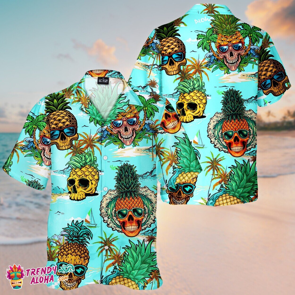 Skull Pineapple Lover Tropical Unisex Aloha Hawaiian Short Sleeve