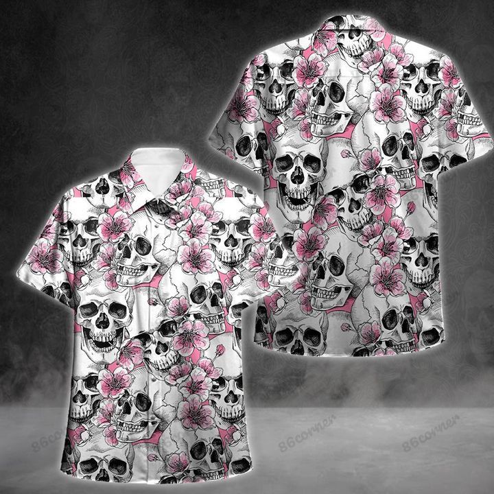 Skull Pink Flowers Trendy Hawaiian Shirt, Summer Aloha Shirt, Gift For Summer