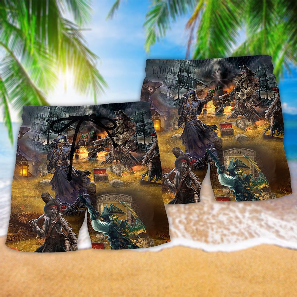 Skull Pirate Treasure Hunting Trendy Aloha Hawaiian Beach Shorts