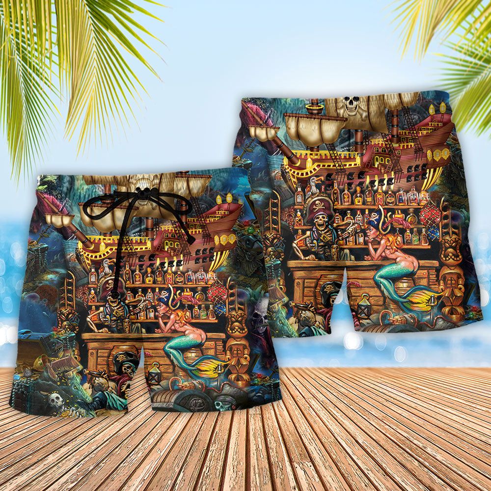 Skull Pirate Treasure Night On The Sea Trendy Aloha Hawaiian Beach Shorts
