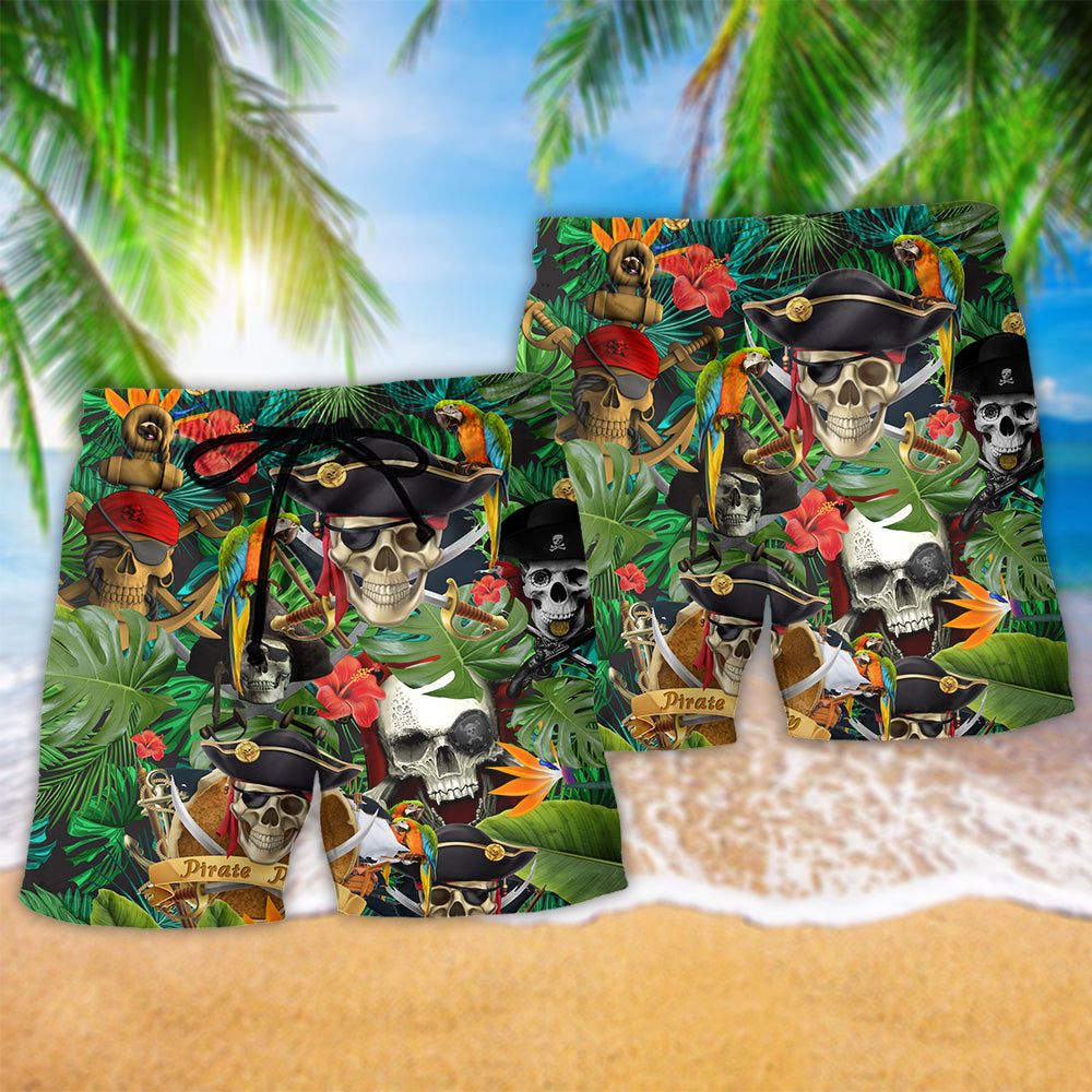 Skull Pirates Make Ledgends Tropical Floral Trendy Aloha Hawaiian Beach Shorts