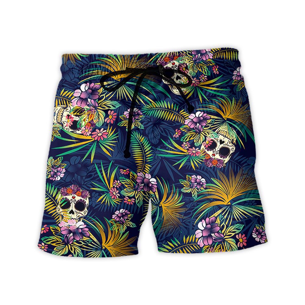Skull Play With Tropical Leaf Trendy Aloha Hawaiian Beach Shorts Skull Play With Tropical Leaf Trendy Aloha Hawaiian Beach Shorts