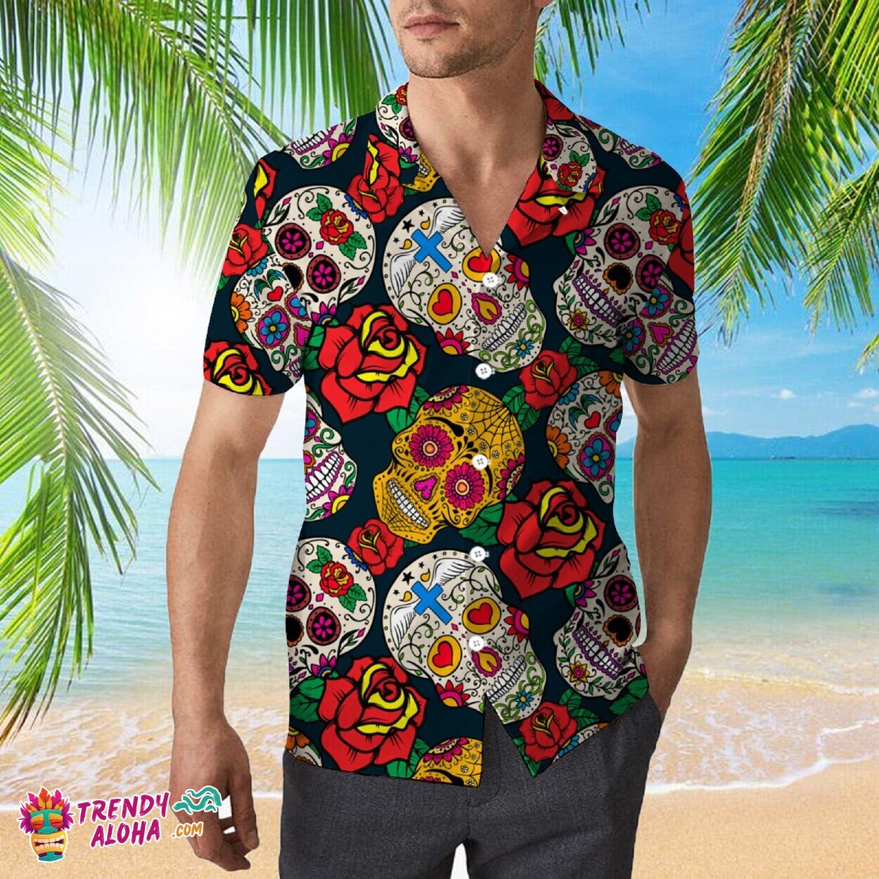 Skull Rose Pattern Colorful Halloween Unisex Hawaiian Tee Shirt
