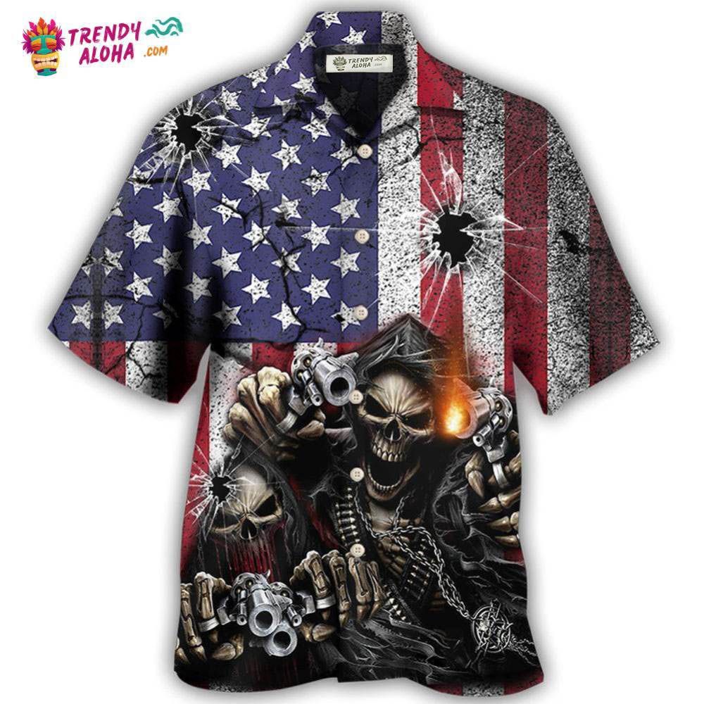 Skull Shot Gun American Flag Vintage Hawaiian Shirt – Trendy Aloha