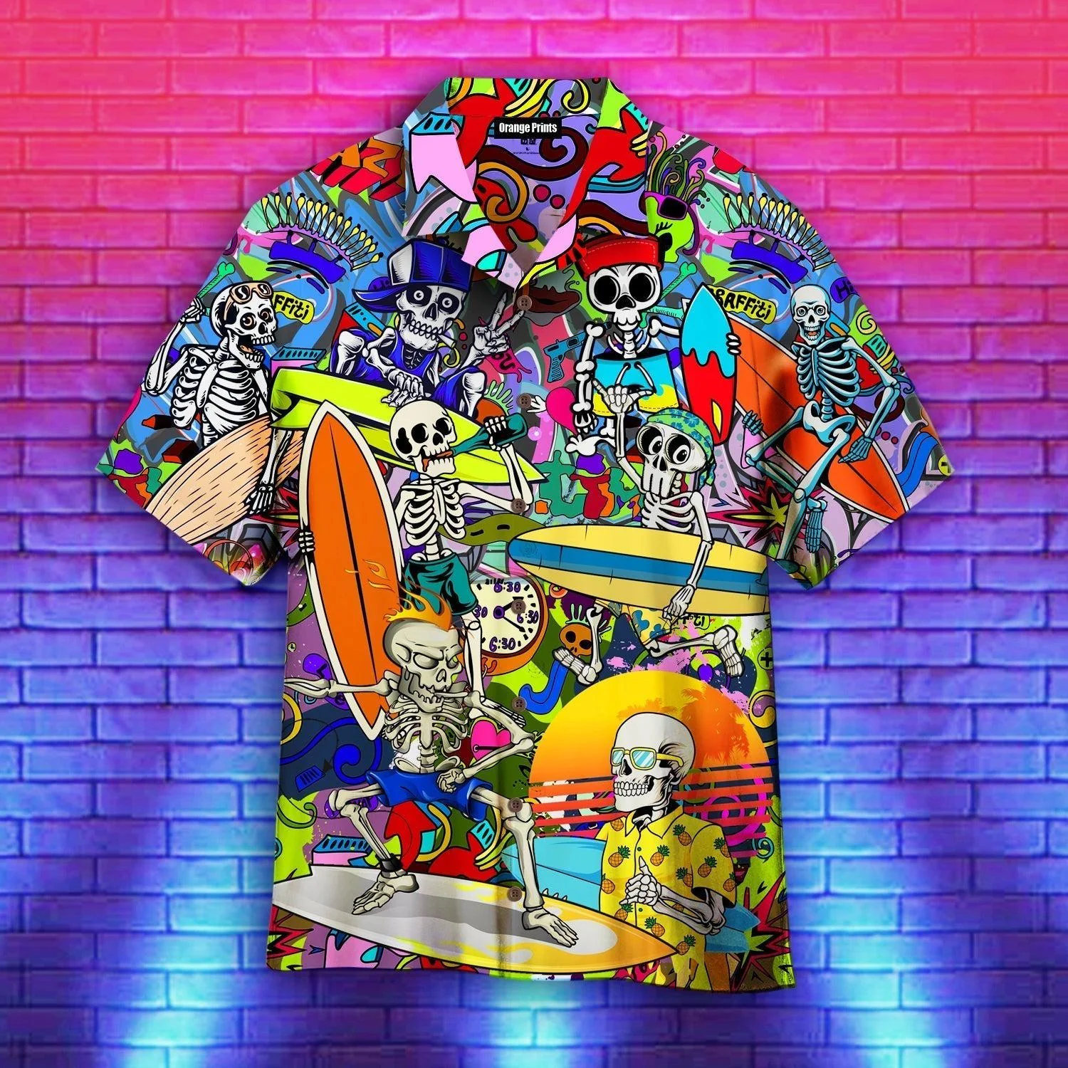 Skull Skeleton Surfing Hippie Style Hawaiian Shirt For
