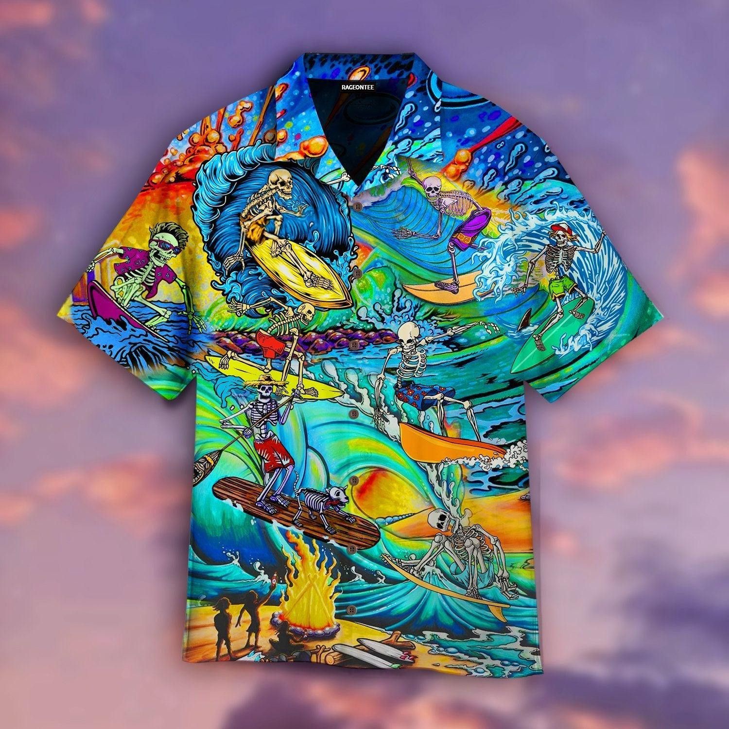 Skull Skeleton Surfing On The Beach Halloween Aloha Trendy Hawaiian Shirts For Men & For Women