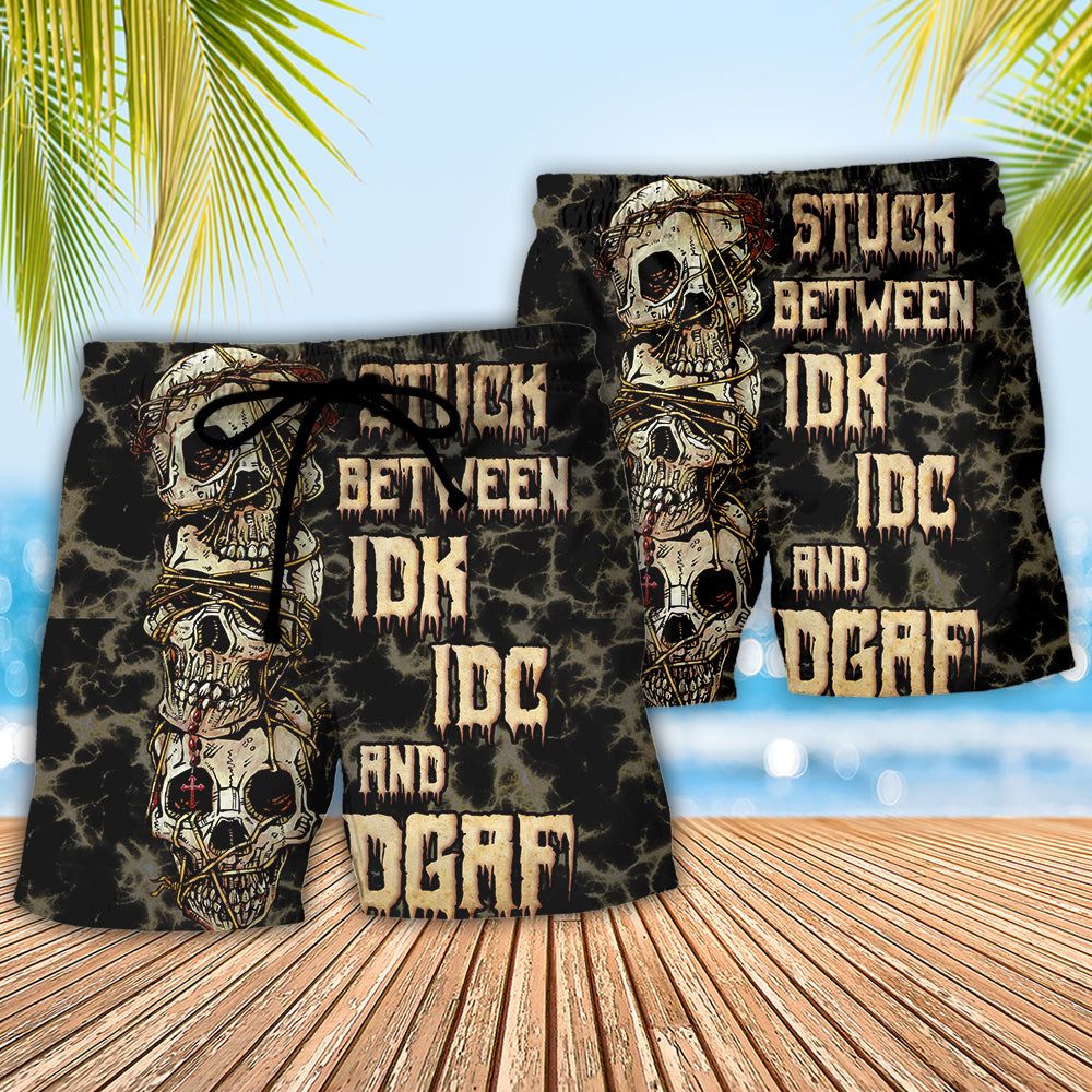 Skull Stuck Between Idk Idc And Idgaf Trendy Aloha Hawaiian Beach Shorts