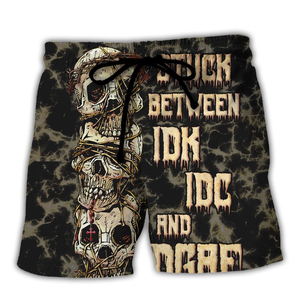 Skull Stuck Between Idk Idc And Idgaf Trendy Aloha Hawaiian Beach Shorts Skull Stuck Between Idk Idc And Idgaf Trendy Aloha Hawaiian Beach Shorts