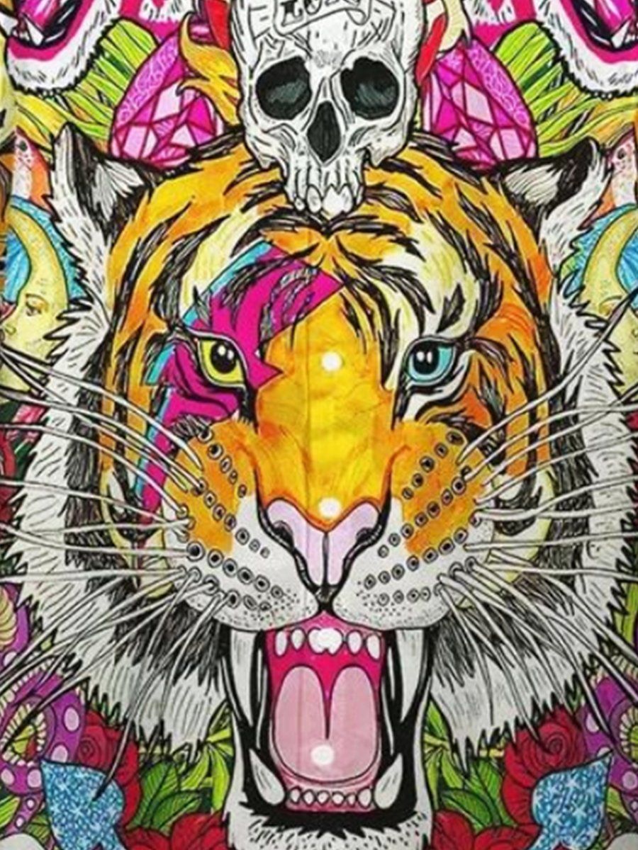 Skull Tigers Print Short Sleeve Summer Hawaiian Shirt