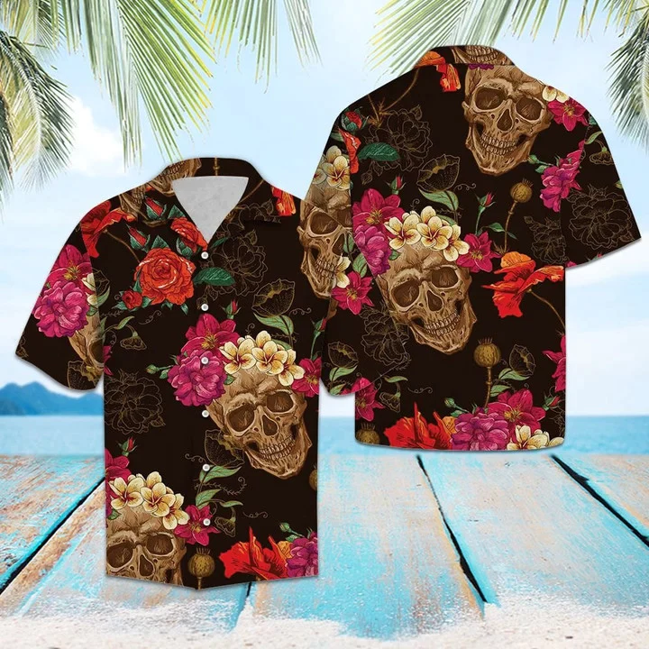Skull Trendy Hawaiian Shirts, Smiling Skull Flower Palm Leaves Summer Vacation Themed Trendy Hawaiian Shirt