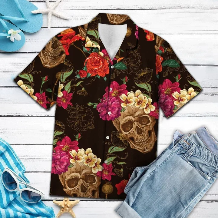 Skull Trendy Hawaiian Shirts, Smiling Skull Flower Palm Leaves Summer Vacation Themed Trendy Hawaiian Shirt Skull Trendy Hawaiian Shirts, Smiling Skull Flower Palm Leaves Summer Vacation Themed Trendy Hawaiian Shirt
