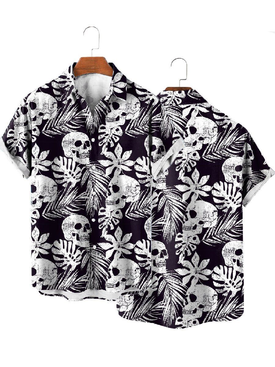Skull Tropical Leaf Print Hawaiian Short Sleeve Shirt