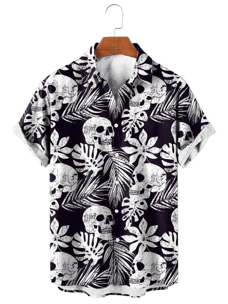 Skull Tropical Leaf Print Hawaiian Short Sleeve Shirt Skull Tropical Leaf Print Hawaiian Short Sleeve Shirt
