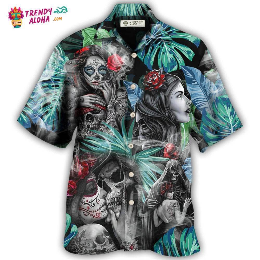 Skull Tropical White Smoke Red Flower Hawaiian Shirt – Trendy Aloha