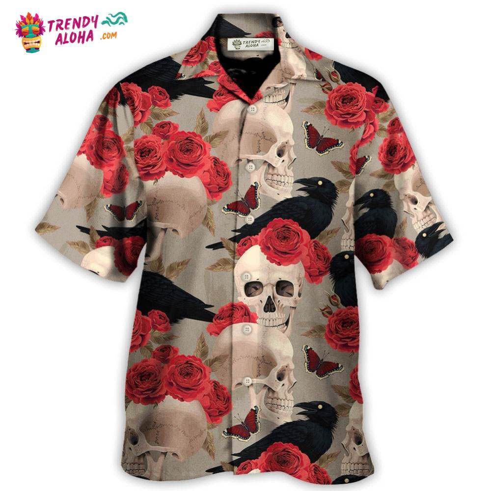 Skull With Rose Flower And Raven Gothic Style Hawaiian Shirt – Trendy Aloha