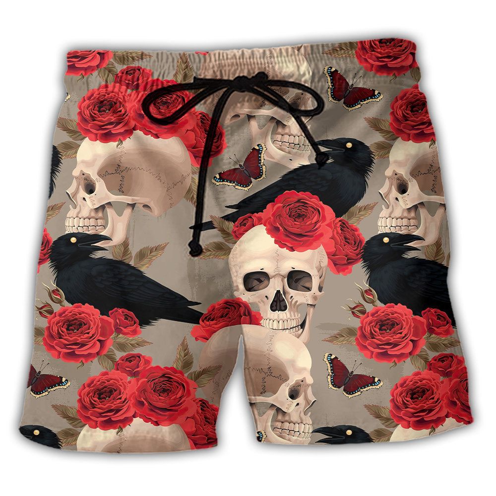 Skull With Rose Flower And Raven Gothic Style Trendy Aloha Hawaiian Beach Shorts