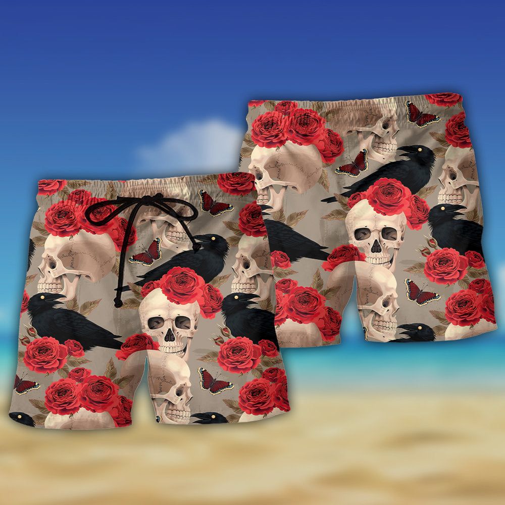 Skull With Rose Flower And Raven Gothic Style Trendy Aloha Hawaiian Beach Shorts