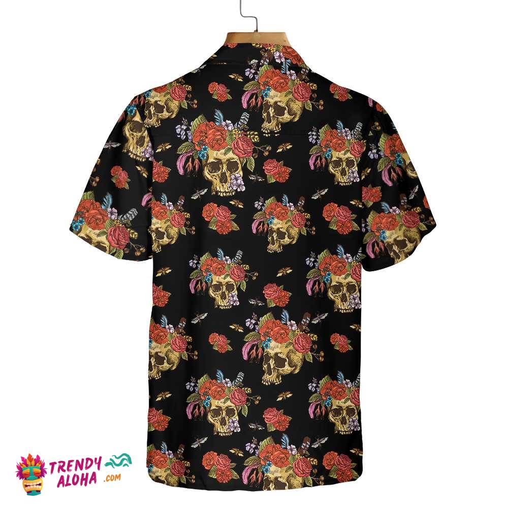 Skulls & Flowers Day Of The Dead Hawaiian Shirt, Vintage Skull And Red Roses Shirt, Day Of The Dead Gift