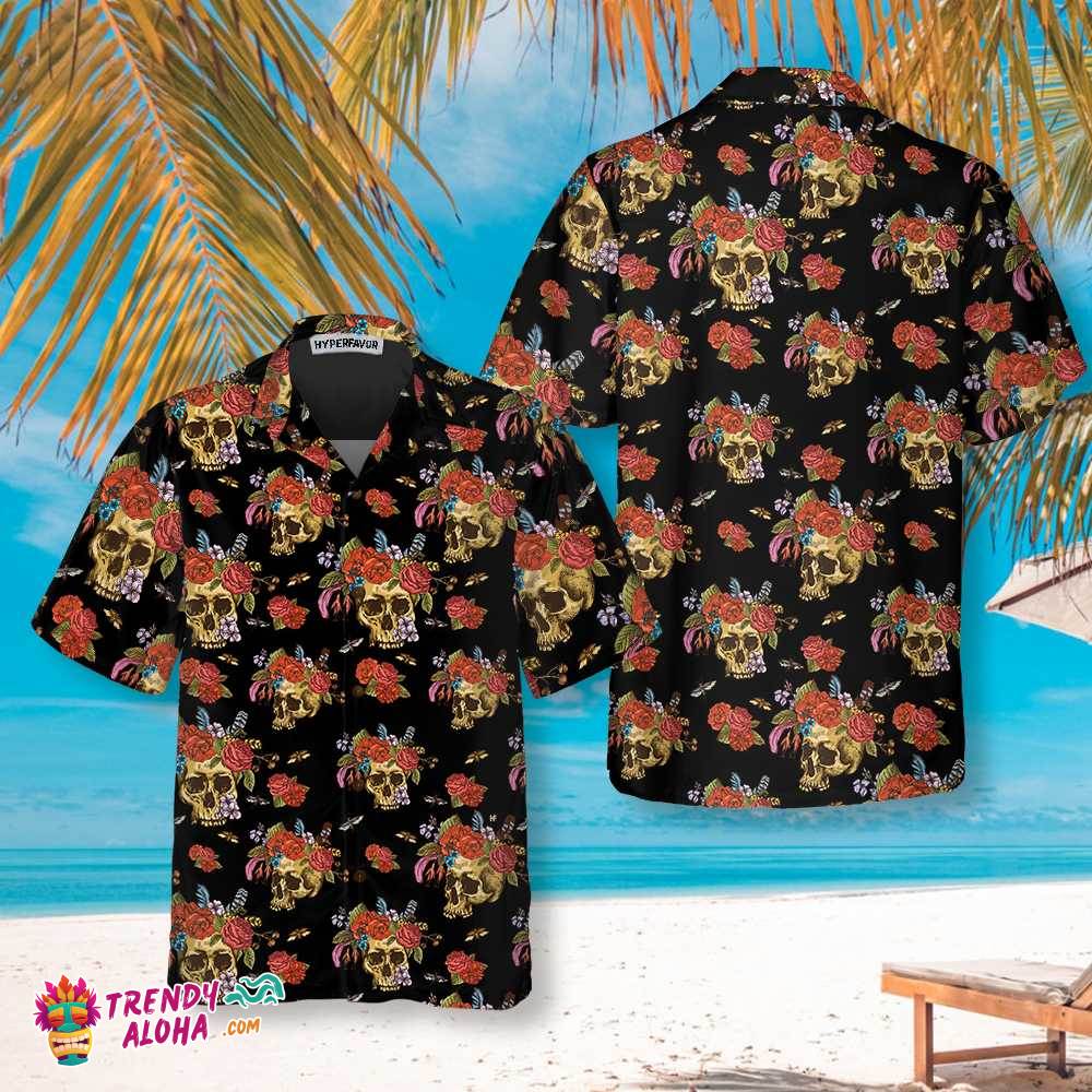 Skulls & Flowers Day Of The Dead Hawaiian Shirt, Vintage Skull And Red Roses Shirt, Day Of The Dead Gift