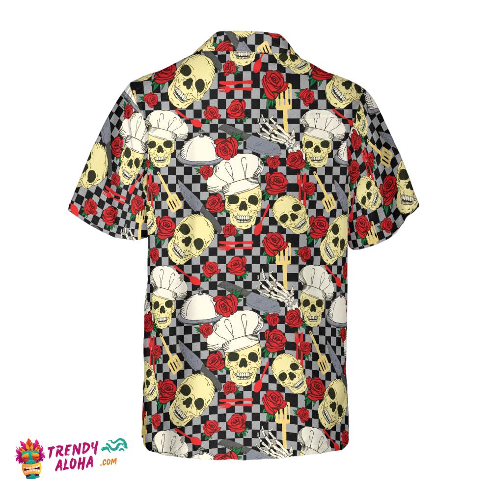 Skulls In Chef Hats And Red Roses Patterned Hawaiian Shirt