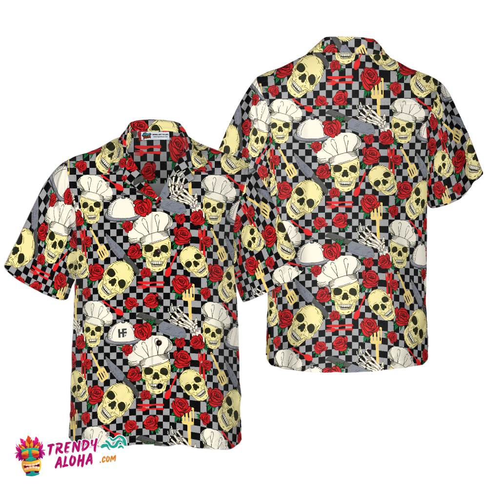 Skulls In Chef Hats And Red Roses Patterned Hawaiian Shirt