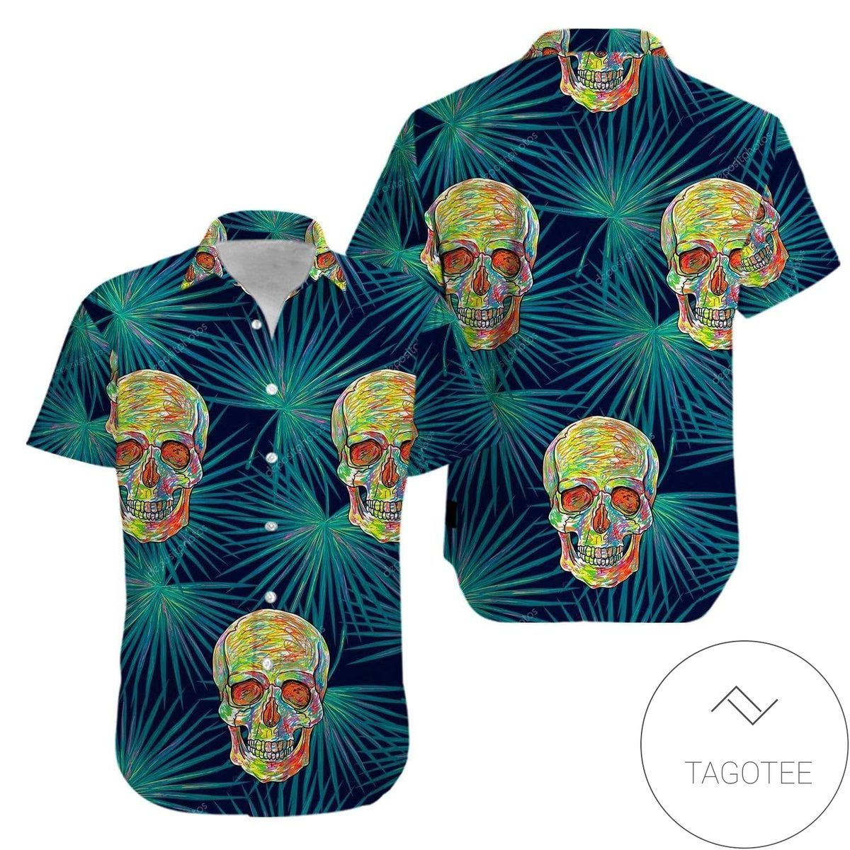 Skulls in Tropical Paradise Green Hawaiian Shirt for the Daring